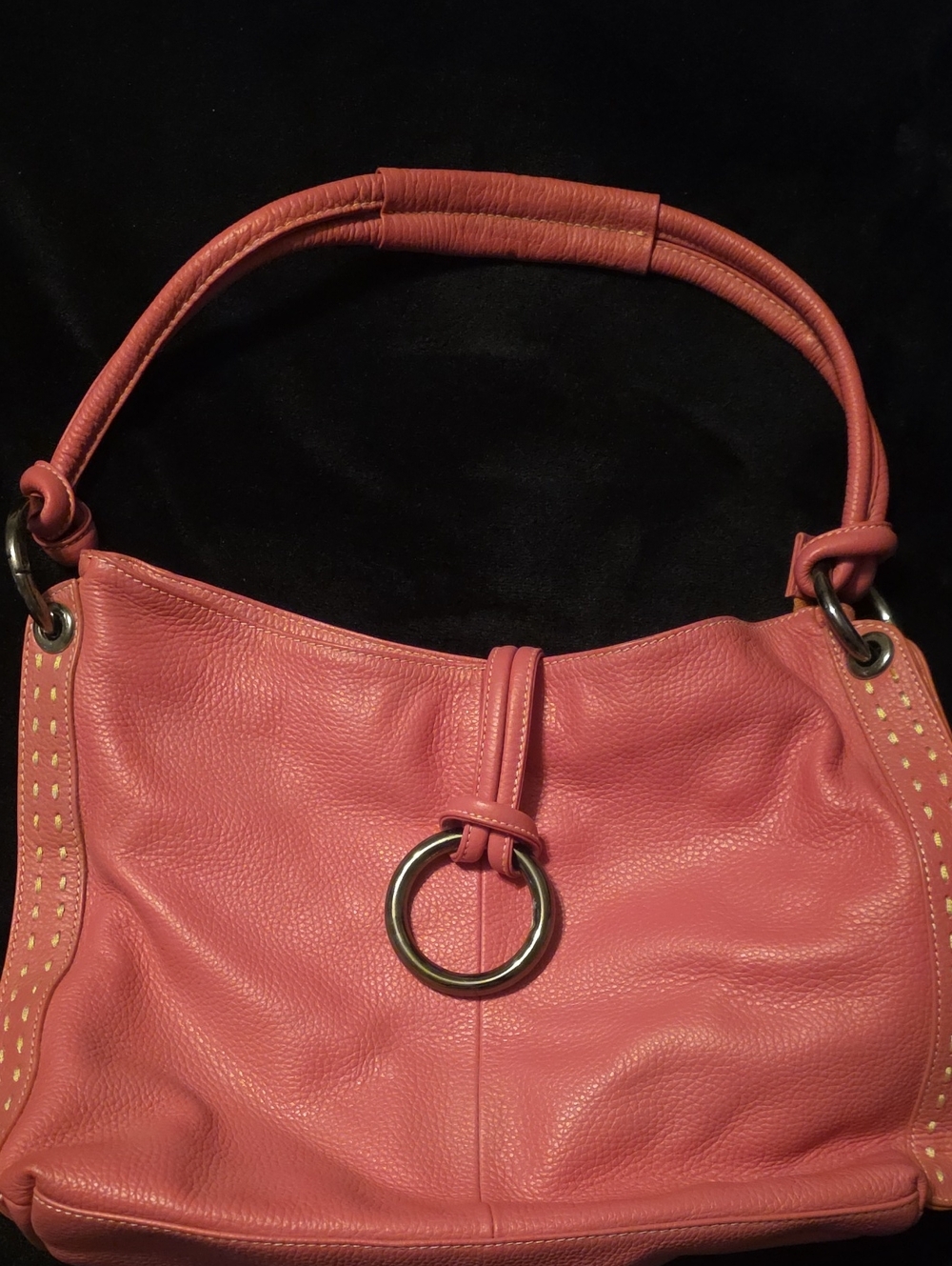 Pink Leather Shoulder Bag with Ring Accent